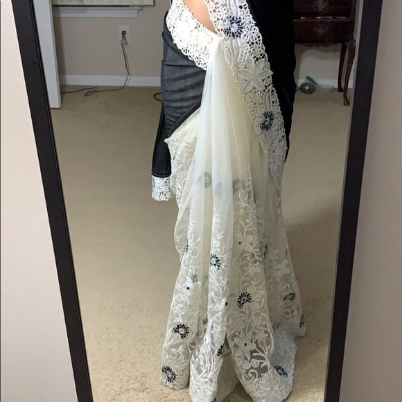Black and white shimmer net heavy work saree - Picture 3 of 7